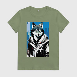 Футболка хлопковая женская Волк в мегаполисе - нейроарт, цвет: авокадо