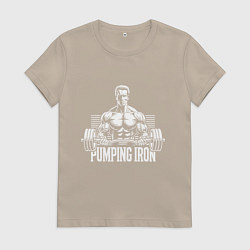 Футболка хлопковая женская Арнольд - качай железо, цвет: миндальный