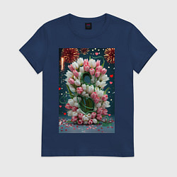 Футболка хлопковая женская Тюльпаны к празднику 8 марта, цвет: тёмно-синий