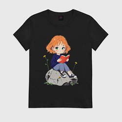 Футболка хлопковая женская Рыжая девушка читает книгу, цвет: черный