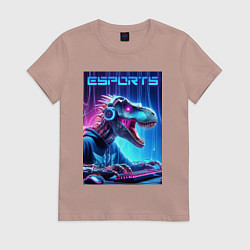 Футболка хлопковая женская Tyrannosaurus is esports player - neon glow, цвет: пыльно-розовый