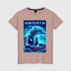 Футболка хлопковая женская Дельфин крутой киберспортсмен - нейроарт, цвет: пыльно-розовый
