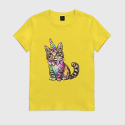 Футболка хлопковая женская Праздничный котик в колпаке единорога, цвет: желтый