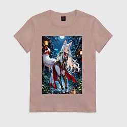 Футболка хлопковая женская Белоснежная лиса лунной ночью, цвет: пыльно-розовый