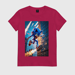 Футболка хлопковая женская Соник убегает от летящих ракет, цвет: маджента