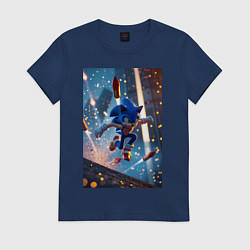 Футболка хлопковая женская Соник убегает от летящих ракет, цвет: тёмно-синий