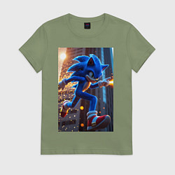 Футболка хлопковая женская Соник убегает от летящих ракет, цвет: авокадо