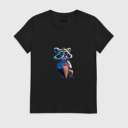 Футболка хлопковая женская Крошка енот, цвет: черный