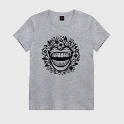 Футболка хлопковая женская Злая улыбка в цветах, цвет: меланж