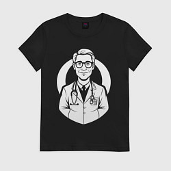 Футболка хлопковая женская Врач с улыбкой и стетоскопом, цвет: черный