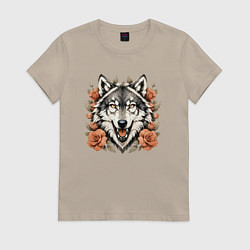 Футболка хлопковая женская Голова волка в цветах, цвет: миндальный