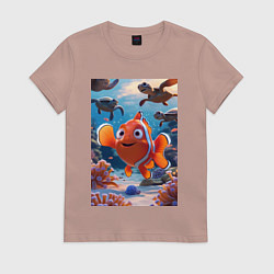 Футболка хлопковая женская Рыбка клоун плавает с черепахами, цвет: пыльно-розовый