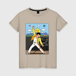 Футболка хлопковая женская Фредди Меркьюри мультяшный стиль, цвет: миндальный