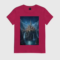 Футболка хлопковая женская Замок в стиле Хогвартс под звездным небом, цвет: маджента
