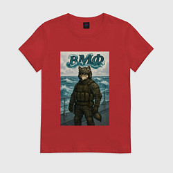 Футболка хлопковая женская ВМФ волк на корабле, цвет: красный