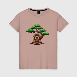 Футболка хлопковая женская Капибара самурай под бонсаем, цвет: пыльно-розовый