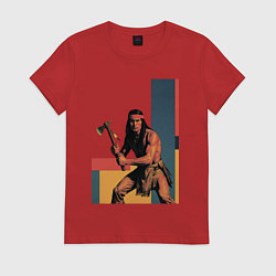 Футболка хлопковая женская Индеец с томагавком поп-арт, цвет: красный