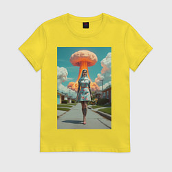 Футболка хлопковая женская Девушка в костюме монашки уходит от взрыва, цвет: желтый