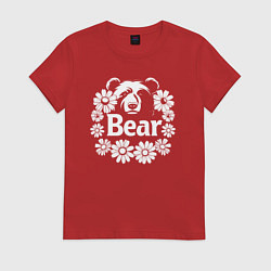 Футболка хлопковая женская Медведь в цветах, цвет: красный