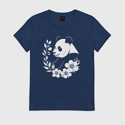 Футболка хлопковая женская Панда среди цветов, цвет: тёмно-синий