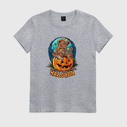 Футболка хлопковая женская Мишка на тыкве, цвет: меланж