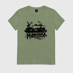 Футболка хлопковая женская Мурманск порт с кранами, цвет: авокадо