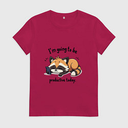 Футболка хлопковая женская Продуктивный енот с телефоном, цвет: маджента