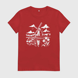 Футболка хлопковая женская Мельница и тюльпаны, цвет: красный