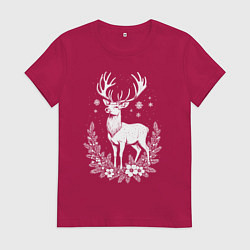 Футболка хлопковая женская Зимний олень в цветах, цвет: маджента