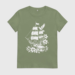 Футболка хлопковая женская Пиратский бриг сокровища и попугаи, цвет: авокадо