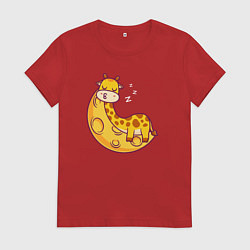 Футболка хлопковая женская Спящий жираф на луне, цвет: красный
