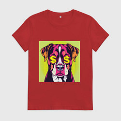 Футболка хлопковая женская Поп-арт собака: деньги в фокусе, цвет: красный