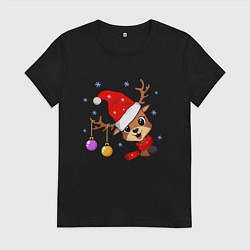 Футболка хлопковая женская Олень в шапке Санта-Клауса, снежинки, цвет: черный
