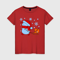 Футболка хлопковая женская Снеговик с санками, цвет: красный