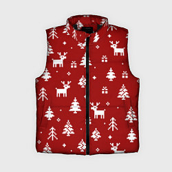 Женский жилет Новогодние олени и елки на красном фоне