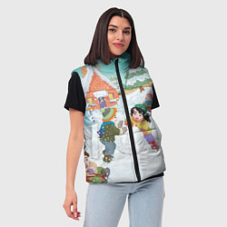 Женский жилет Новогодние каникулы - дети лепят снеговика, цвет: 3D-красный — фото 2