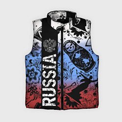 Женский жилет Герб России на фоне матрёшек балалайки и славянски, цвет: 3D-светло-серый