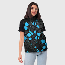 Женский жилет Сине-серые шестиугольники на чёрном фоне, цвет: 3D-светло-серый — фото 2