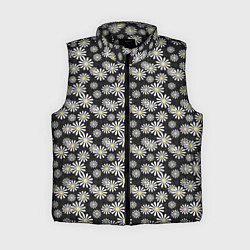 Женский жилет Белые цветы ромашки на черном в мелкий горошек