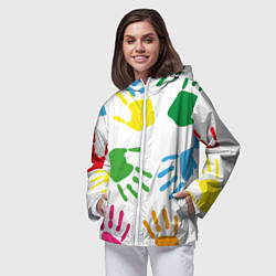 Ветровка с капюшоном женская Цветные ладошки - Детский узор, цвет: 3D-белый — фото 2