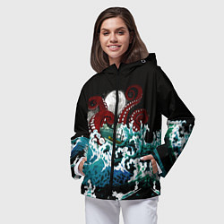 Ветровка с капюшоном женская Корабль на Волнах Кракен, цвет: 3D-черный — фото 2
