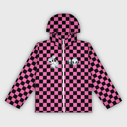 Ветровка с капюшоном женская Инопланетянин в черно розовую клетку, цвет: 3D-белый