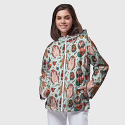 Ветровка с капюшоном женская Новогодний ёжик и щелкунчик, цвет: 3D-белый — фото 2
