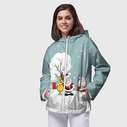 Ветровка с капюшоном женская Деревенский Новый Год Дед Мороз и Олень, цвет: 3D-белый — фото 2