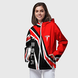 Ветровка с капюшоном женская ТЕСЛА - КРАСНЫЙ СПОРТИВНЫЙ, цвет: 3D-белый — фото 2