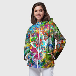 Ветровка с капюшоном женская Яркое безумие Бабочки, кляксы, граффити, цвет: 3D-белый — фото 2