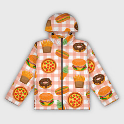 Ветровка с капюшоном женская PIZZA DONUT BURGER FRIES ICE CREAM pattern, цвет: 3D-черный