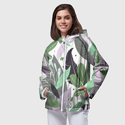 Ветровка с капюшоном женская Зелёные, серые, голубые, сиреневые листья на белом, цвет: 3D-белый — фото 2
