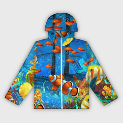 Ветровка с капюшоном женская Затонувший корабль в окружении обитателей океана, цвет: 3D-белый
