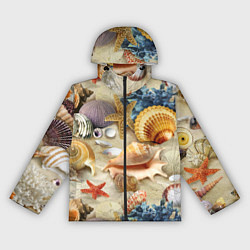 Ветровка с капюшоном женская Морские раковины, кораллы, морские звёзды на песке, цвет: 3D-черный